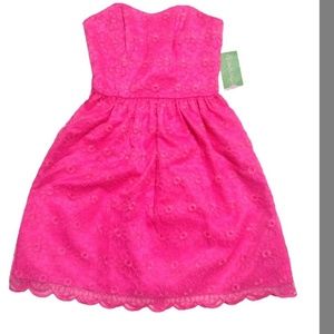 Bright pink strapless dress!  Stitched flowers Embroidered NWT